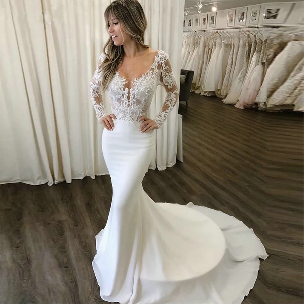 Sexy Chiffon Slim 2020 Mermaid Wedding Gowns Long Sleeves Scoop Bride Dresses Lace Appliques Sweep Train White Wedding Dress
Sexy Chiffon Slim 2020 Mermaid Wedding Gowns Long Sleeves Scoop Bride Dresses Lace Appliques Sweep Train White Wedding Dress