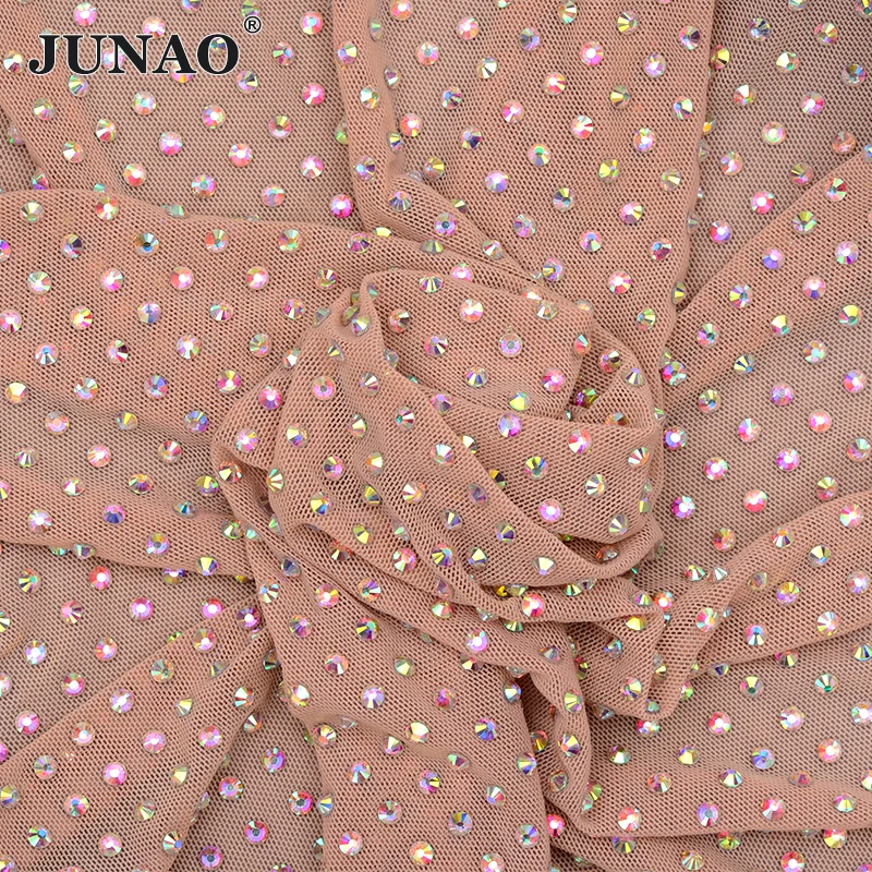 

JUNAO 1x1.5 Meter Nude Mesh AB Glass Rhinestone Sheet Trim Crystal Applique Ribbon Elastic Strass Banding For Clothes Decoration