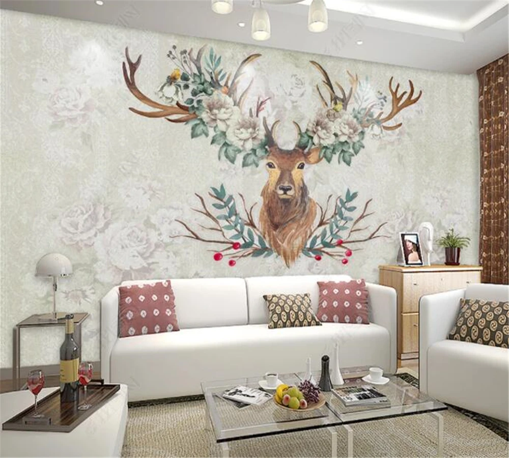 

beibehang Custom wallpaper 3D small fresh pastoral hand-painted flower deer head bedroom sofa TV background wall papel de parede