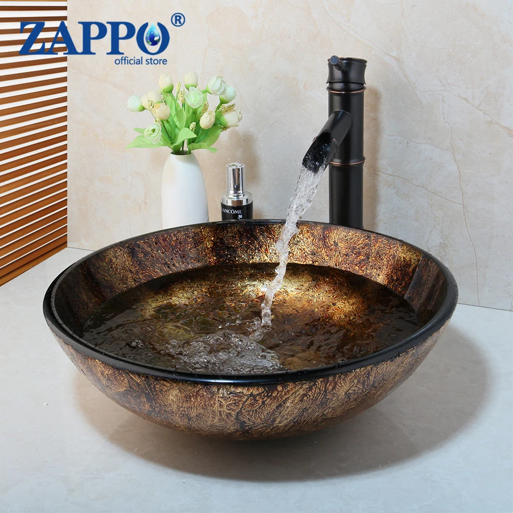 

ZAPPO Bathroom WashBasin Round Tempered Glass Vessel Sink Faucet Set Bathroom Glass Basin Faucets Combo Waterfall Mixer Tap