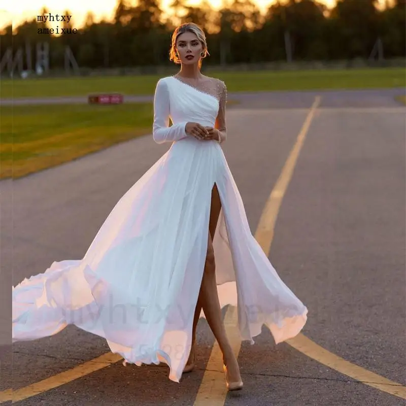 Hot Sale White Chiffon Bridal Wedding Dresses 2023 Long Sleeves Jewel Neck Front Slit Sexy Wedding Gowns For Bride Beaded
Hot Sale White Chiffon Bridal Wedding Dresses 2023 Long Sleeves Jewel Neck Front Slit Sexy Wedding Gowns For Bride Beaded