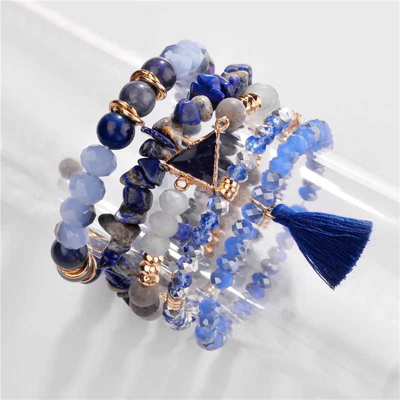 

5Pcs/Set Faceted Natural Stone Crystal Beads Cotton Fringe Elastic Bracelet Stackable Strand Beads Druzy Bracelets for Women