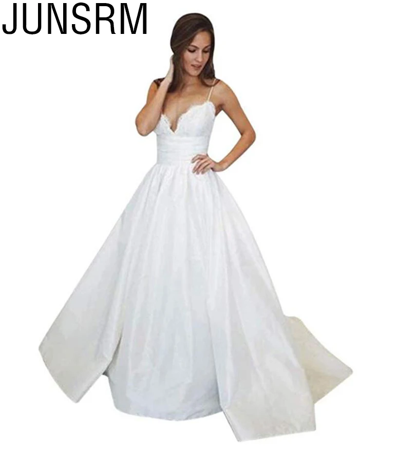 2019 Elegant Satin A Line Wedding Dresses Plus Size Wedding Gowns Sexy Spaghetti Lace Bride Dress Free Shipping
2019 Elegant Satin A Line Wedding Dresses Plus Size Wedding Gowns Sexy Spaghetti Lace Bride Dress Free Shipping