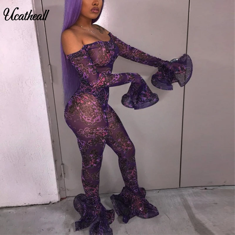 Floral Print Sheer Mesh Night Club Party Jumpsuits Women Sexy Slash Neck Off Shoulder Long Petal Sleeve Romper Female Outfits 
Floral Print Sheer Mesh Night Club Party Jumpsuits Women Sexy Slash Neck Off Shoulder Long Petal Sleeve Romper Female Outfits