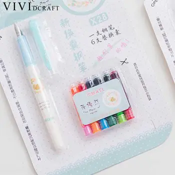 

1 Pen+6 Colors Fountain Pen Students Practice Word Change Capsule Color Combination Erasable Pen Office Paper Sign Ink Supplies