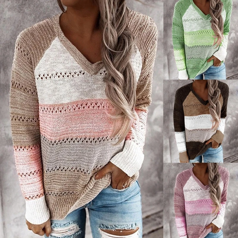 Women Long Sleeve Sweater V-Neck Color Block Patchwork Striped Pullover Tops Loose Hollow Out Knitted Jumper Shirt 2020 New
Women Long Sleeve Sweater V-Neck Color Block Patchwork Striped Pullover Tops Loose Hollow Out Knitted Jumper Shirt 2020 New