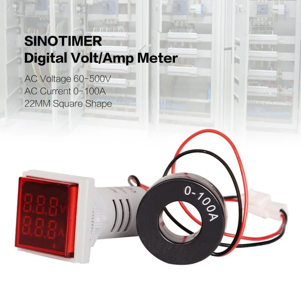SINOTIMER Digital AC Voltmeter Ammeter 50-600V 100A 22mmLED Current Indicator Voltage Meter Mini Volt Amp Tester Aquare Panel |