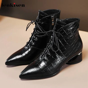 Lenkisen genuine leather British style stone pattern pointed toe med heels lace up winter keep warm women cozy ankle boots L1f2
Lenkisen genuine leather British style stone pattern pointed toe med heels lace up winter keep warm women cozy ankle boots L1f2