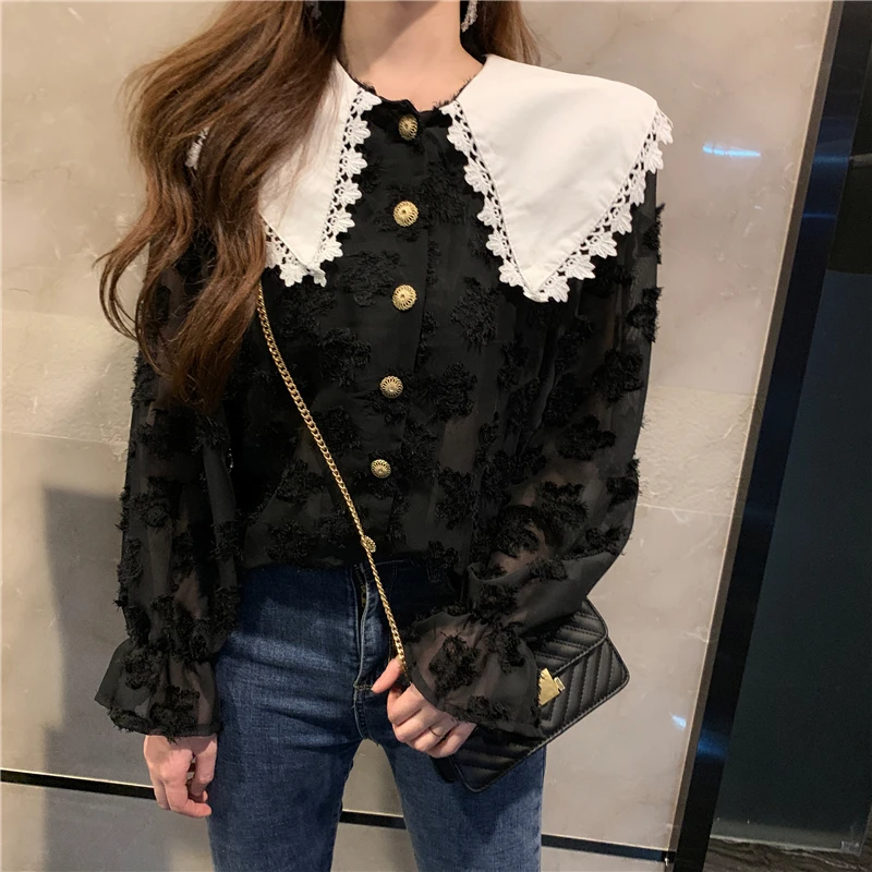 High Quality 2019 Autumn New Arrival Sweet Peter Pan Collar Flare Collar Woma Lace Blouse Ldyies Top
High Quality 2019 Autumn New Arrival Sweet Peter Pan Collar Flare Collar Woma Lace Blouse Ldyies Top