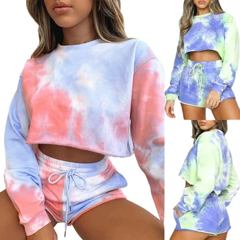 Women’s Sports Two Piece Sets Personality Tie-dye Long Sleeve Pullover Top and High Waist Lace up Shorts
Women’s Sports Two Piece Sets Personality Tie-dye Long Sleeve Pullover Top and High Waist Lace up Shorts