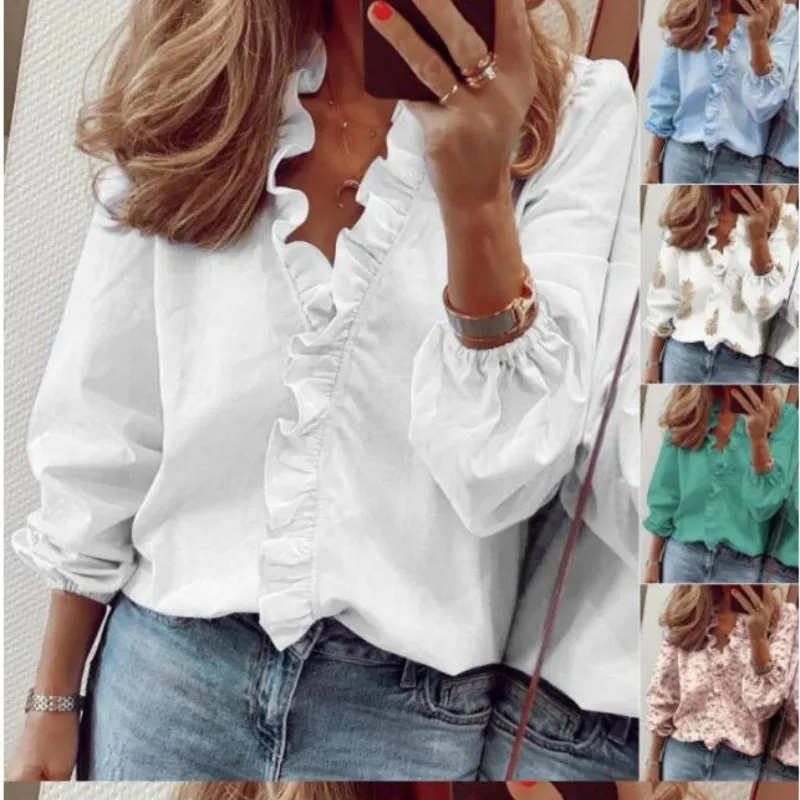 Spring and Summer 2020 Long Sleeve Solid Color Ruffled Shirt Blouse Casual Chiffon Three Quarter Polyester Womens Sexy Tops
Spring and Summer 2020 Long Sleeve Solid Color Ruffled Shirt Blouse Casual Chiffon Three Quarter Polyester Womens Sexy Tops