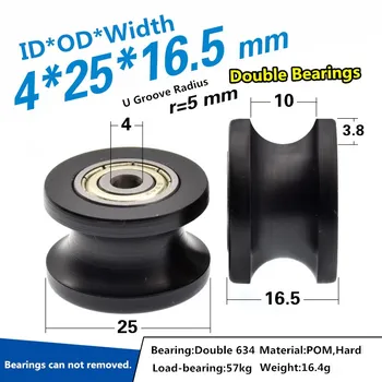 2pcs 4/5x25x16.5mm delrin dual bearing U groove pulley wheel sheave R5mm black color single bearing rolling pulley 
2pcs 4/5x25x16.5mm delrin dual bearing U groove pulley wheel sheave R5mm black color single bearing rolling pulley