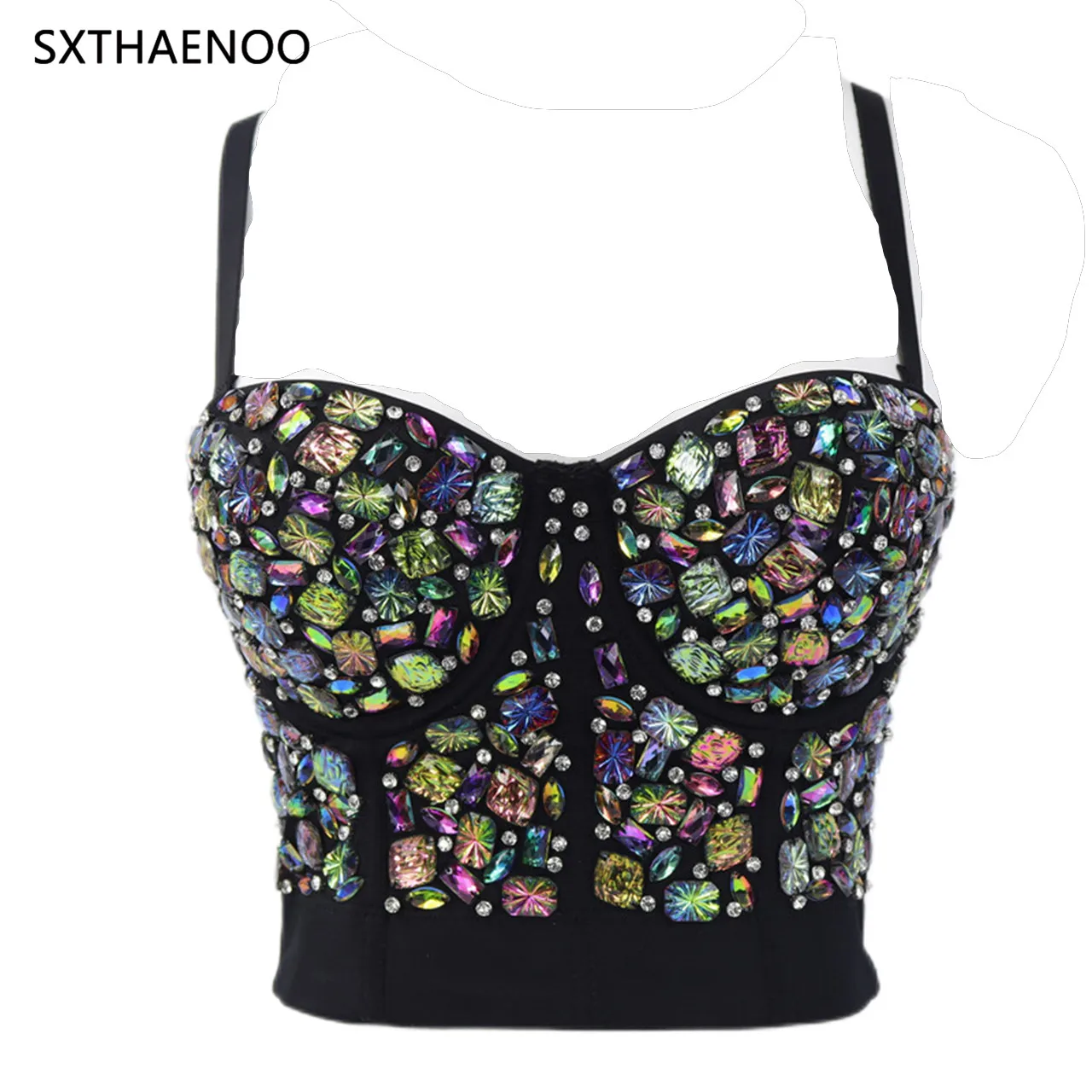 

Sexy Black Corset Acrylic Fancy Color Diamonds Bustier Y2k Crop Top Festival Clothing Fairy Grunge Women Summer 2022 Camisole