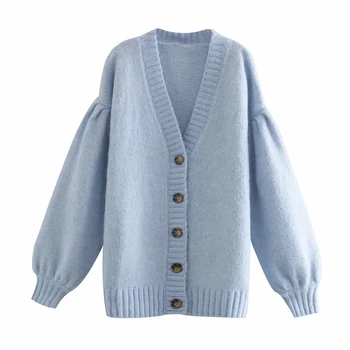 

Blue Oversized Knitted Cardigan Sweater Women Za 2020 Autumn Winter Fashion Ribbed V Neck Long Puff Sleeve Cute Cardigans Tops