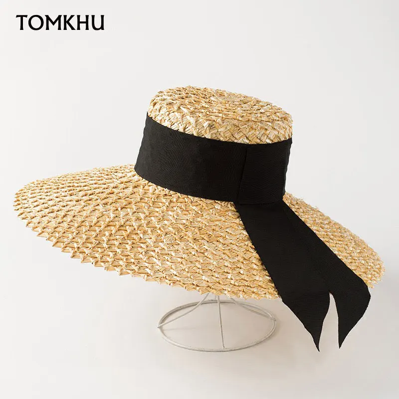 

Women Summer Classical Wheat Straw Hat 15cm Big Wide Brim Sun Hats Elegant Vintage Handmade Beach Caps Vocation Chapeu Feminino