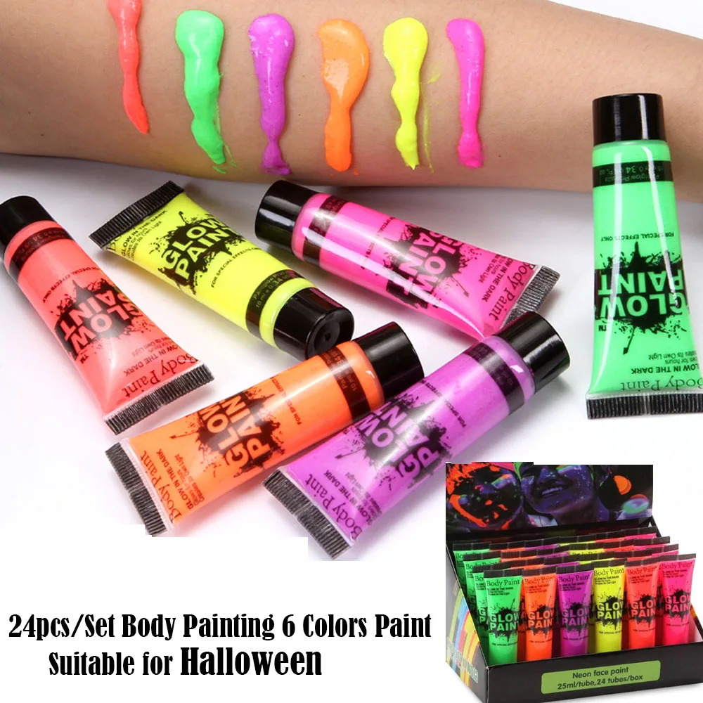24pcs/Set Human Face Painting 6 Colors Paint Luminous UV Paint Face Neon Fluorescent Paint Make Up For Halloween Birthday Tools
24pcs/Set Human Face Painting 6 Colors Paint Luminous UV Paint Face Neon Fluorescent Paint Make Up For Halloween Birthday Tools