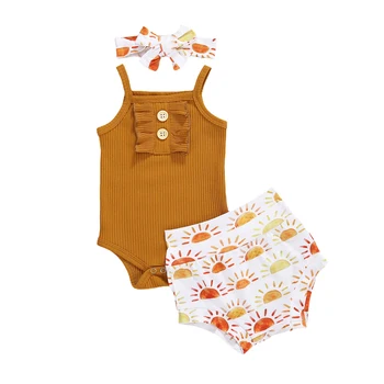 New Hot Fashion Baby 3 Piece Baby Girl Set Summer Sweet Sleeve Button Jumpsuit + Little Sun Print Shorts + Bow Tie Set
New Hot Fashion Baby 3 Piece Baby Girl Set Summer Sweet Sleeve Button Jumpsuit + Little Sun Print Shorts + Bow Tie Set