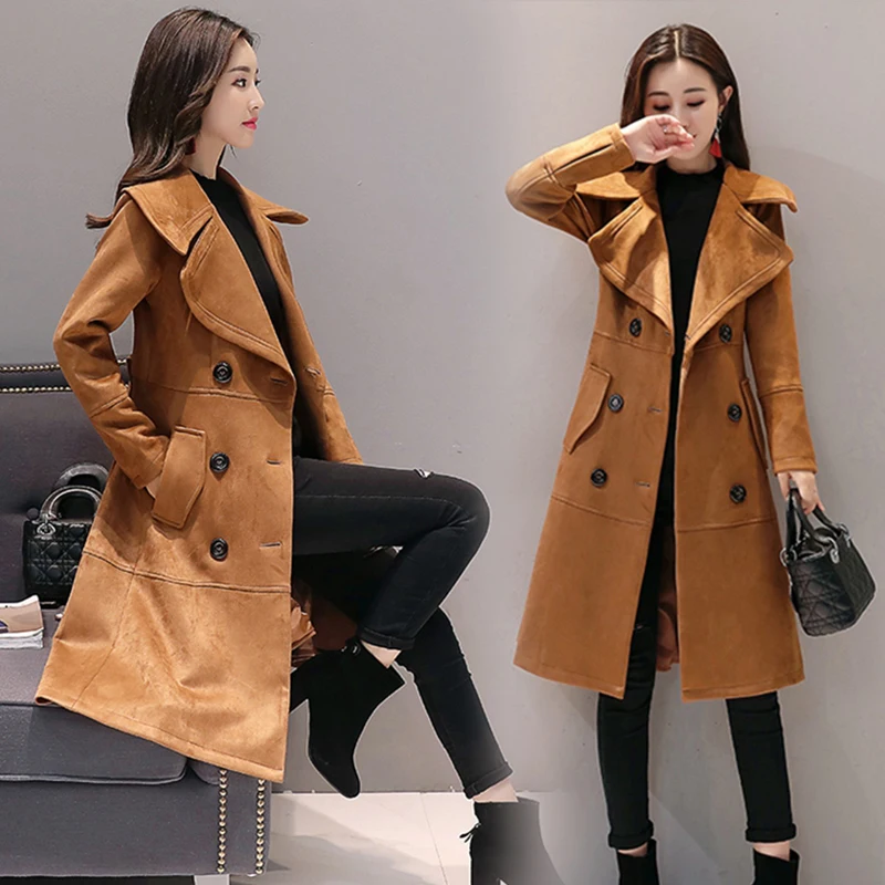 Фото Женская Длинная ветровка корейское пальто из искусственной оленьей кожи