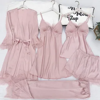 Spring And Summer Women Robe Gown Set 5 Pieces Pajamas Satin ice Silk Sexy Lace Robe With Chest Pads Female Home Clothes Pijamas
Spring And Summer Women Robe Gown Set 5 Pieces Pajamas Satin ice Silk Sexy Lace Robe With Chest Pads Female Home Clothes Pijamas