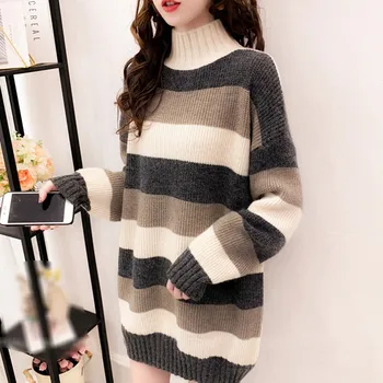 Autumn Winter New Turtleneck Sweater Fashion Striped Thick Sweater For Women Loose Long-sleeved Sweaters Mid-long Knit Top 
Autumn Winter New Turtleneck Sweater Fashion Striped Thick Sweater For Women Loose Long-sleeved Sweaters Mid-long Knit Top