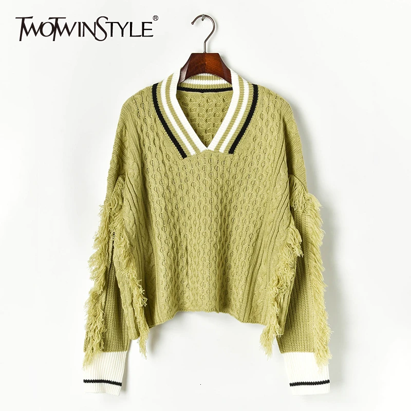 TWOTWINSTYLE Knitted Patchwork Tassel Sweaters For Female V Neck Lantern Long Sleeve England Style Hit Color Womens Sweater Tide
TWOTWINSTYLE Knitted Patchwork Tassel Sweaters For Female V Neck Lantern Long Sleeve England Style Hit Color Womens Sweater Tide