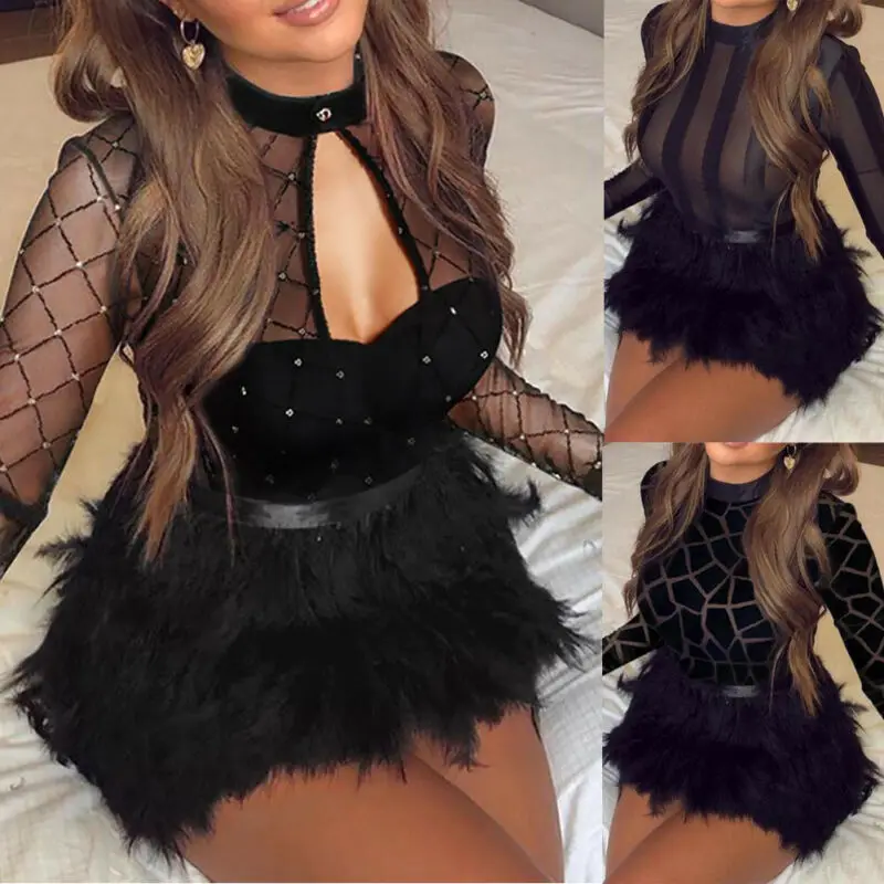 Sexy Women Sheer Mesh Fur Splice Dress Long Sleeve High Waist Hot Dress Lady Club Bodycon Mini Dress See-through Female Dress
Sexy Women Sheer Mesh Fur Splice Dress Long Sleeve High Waist Hot Dress Lady Club Bodycon Mini Dress See-through Female Dress