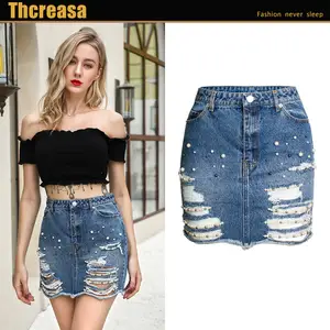 jeans skirt with pearls