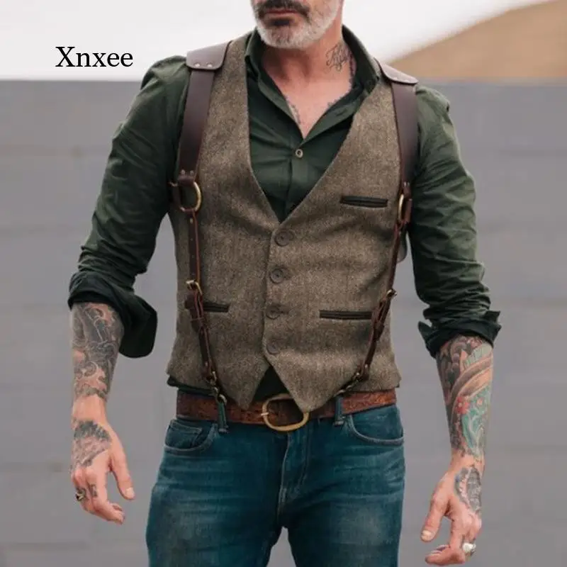 

Slim Fit Wool Vests Tweed Men Suit Victorian Steampunk Cosplay Mens Waistcoat with Suede Gentleman Groomman Wedding Men Gilet