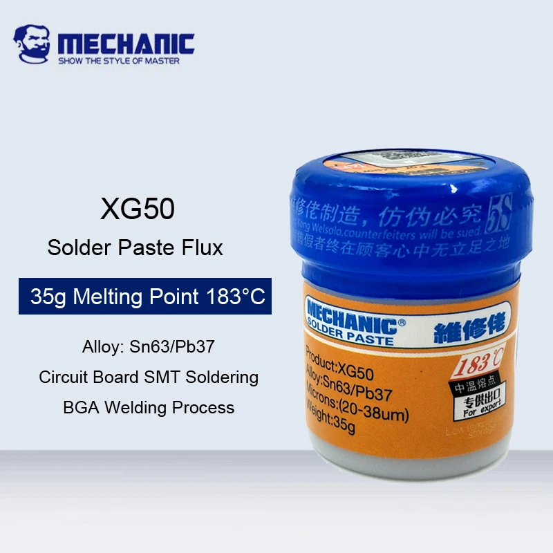 MECHANIC 35g XG-50 183°C Soldering Solder Flux Welding Paste XG-50 Sn63/Pb37 Soldering Iron Station Flux PCB Rework Repair Tools
MECHANIC 35g XG-50 183°C Soldering Solder Flux Welding Paste XG-50 Sn63/Pb37 Soldering Iron Station Flux PCB Rework Repair Tools