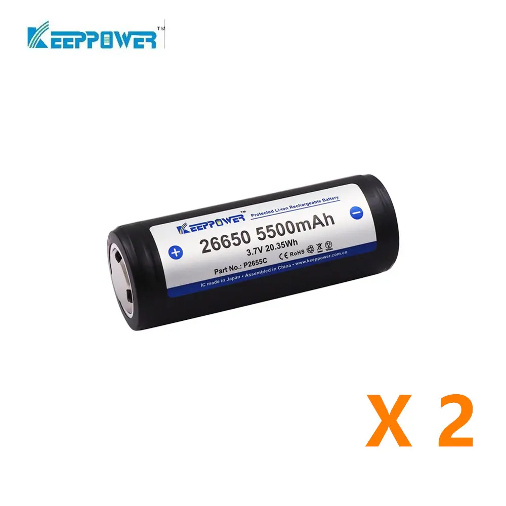 2 pcs Keeppower 26650 5200mah OR 5500MAH 3.7V 19.24Wh protected Li-ion rechargeable battery Original P2652C
2 pcs Keeppower 26650 5200mah OR 5500MAH 3.7V 19.24Wh protected Li-ion rechargeable battery Original P2652C