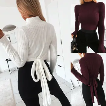 Sexy Womens Long Sleeve Knitted Lace Up Pullover High turtleneck Crop Top Bow knot tied back Shirt Casual Tops Blouse Jumper
Sexy Womens Long Sleeve Knitted Lace Up Pullover High turtleneck Crop Top Bow knot tied back Shirt Casual Tops Blouse Jumper