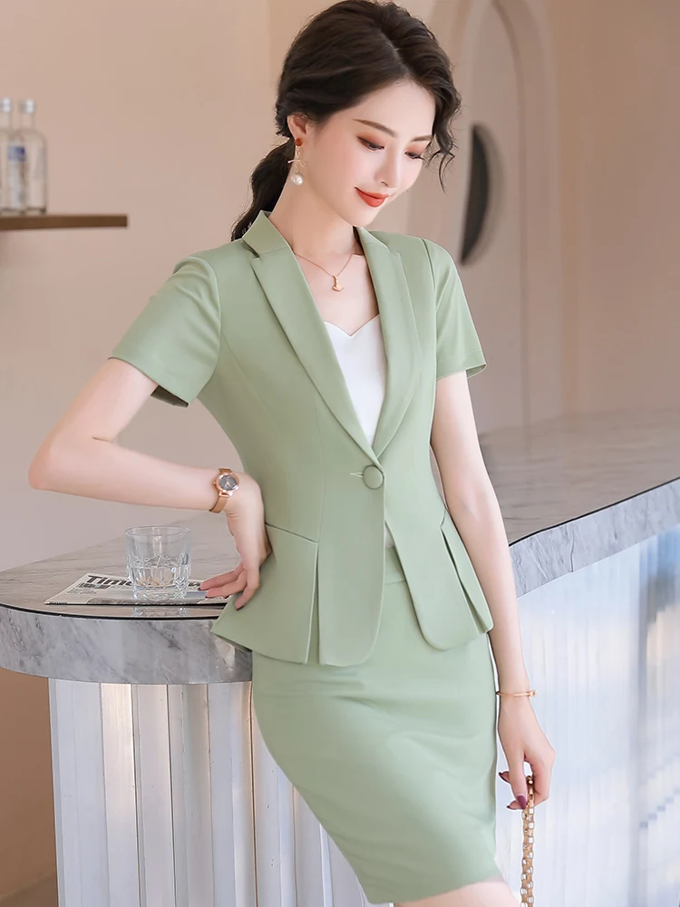 Новинка зеленые летние деловые женские костюмы с коротким рукавом юбкой и топом