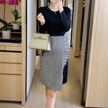 

Autumn Diamond-Studded Long Sleeves Stitching Houndstooth Pleated Temperament Elegant Dress High Quality Women'S Clothing