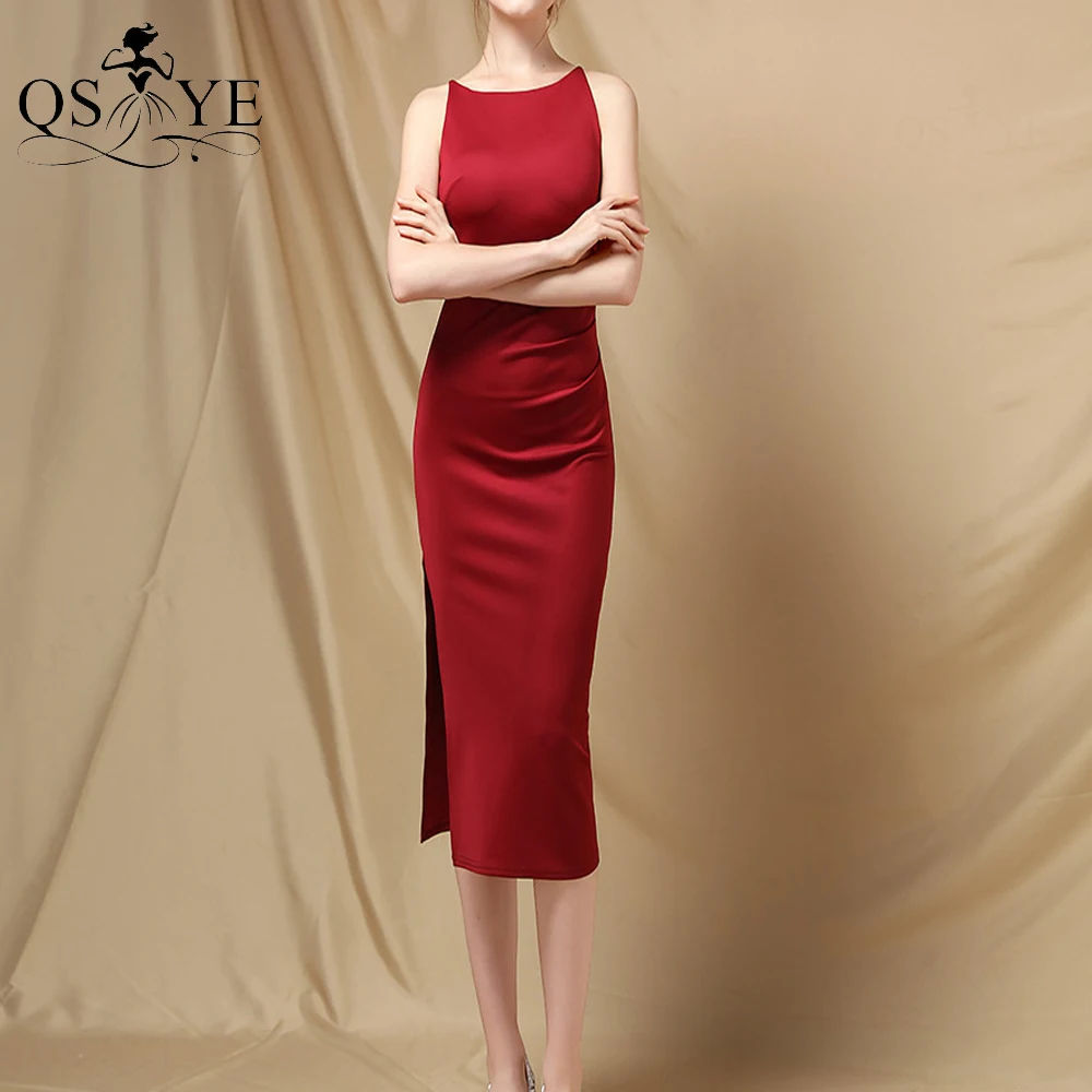 

Scoop Neck Burgundy Prom Dress Side Split Stretch Evening Gown Ruched Girl Party Gown Sleeveless Sheath Women Red Dress Casual