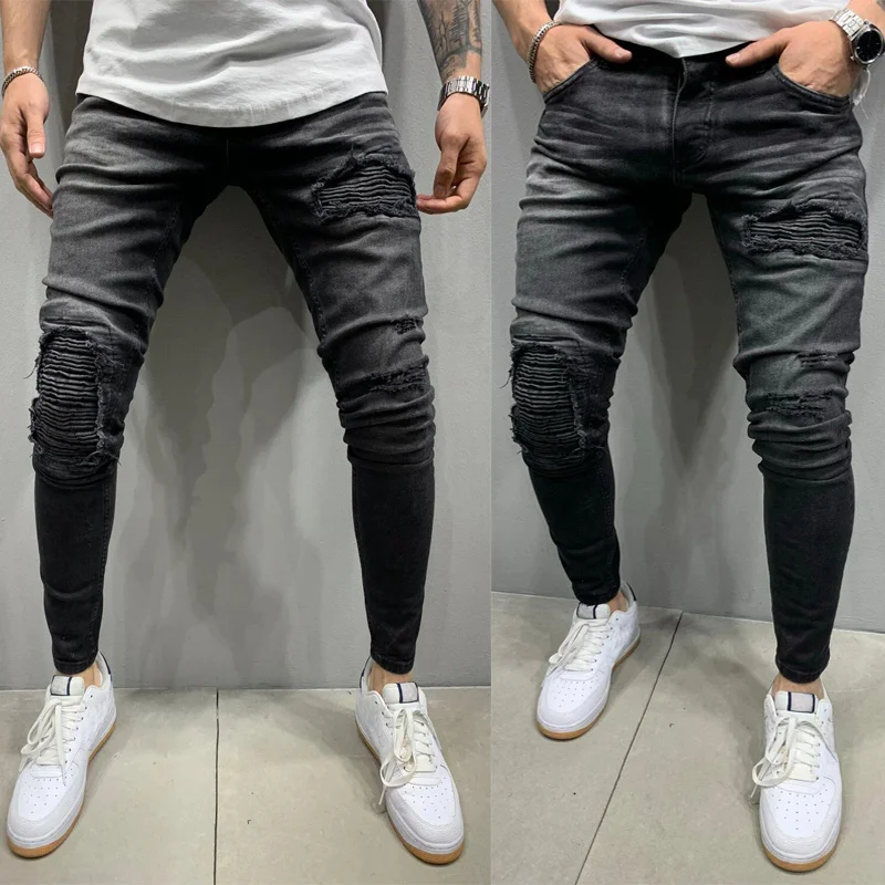 

Men Stretchy Ripped Skinny Biker Blue Denim Jeans Destroyed Hole Taped Slim Fit Denim Scratched High Quality Jean