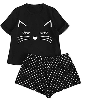 

Summer Cotton Pajama Women Two Piece Set Cactus Printed Cat Loungewear Kawaii T-shirt+Shorts O-neck Casual Korean Sleepwear S774