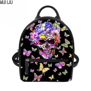 

New Feminine Black Backpack Skulls Printing Luxury PU Leather School Bags Women Mini Butterfly Rose Rucksack Tourist Backpacks