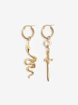 Snake and Sword Mismatched Crystal Hoop Earrings Witch Goddess Snake and Dagger Hoops Fortune Teller Hoops