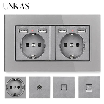 UNKAS EU French Socket With Dual USB Port + TV RJ11 Telephone RJ45 Internet Computer Jack 146mm * 86mm Grey Glass Panel Outlet
UNKAS EU French Socket With Dual USB Port + TV RJ11 Telephone RJ45 Internet Computer Jack 146mm * 86mm Grey Glass Panel Outlet