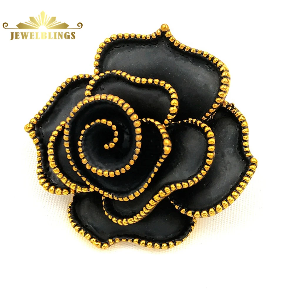 

Vintage Golden Beaded Full Bloom Black Rose Brooches Gold Tone Multi Petal Black Rose Flower Enameled Pin Women Church Jewelry