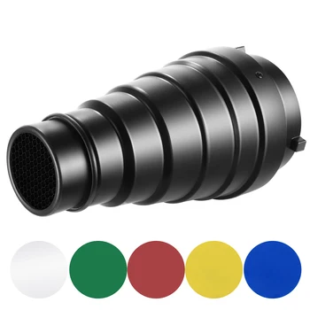 Neewer Large Aluminium Alloy Conical Snoot Kit with Honeycomb Grid and 5 Pieces Color Gel Filters for Bowens Mount Studio
Neewer Large Aluminium Alloy Conical Snoot Kit with Honeycomb Grid and 5 Pieces Color Gel Filters for Bowens Mount Studio