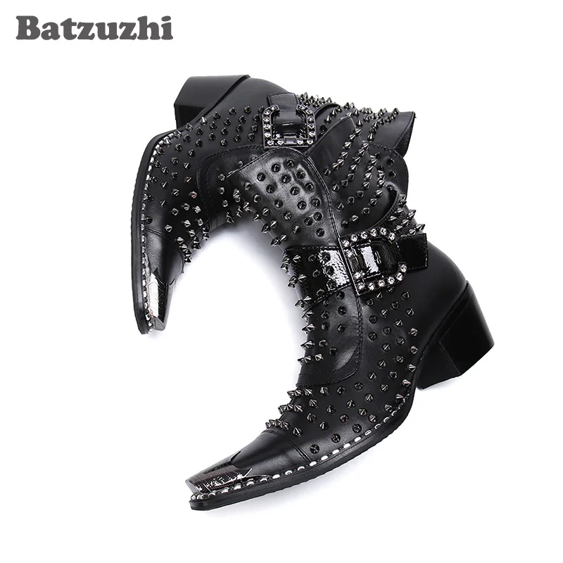 

Batzuzhi Boots Men Black Genuine Leather Men Boots 6.5cm High Heels Rivets Botas Hombre Pointed Metal Tip, Big Size EUR38-46