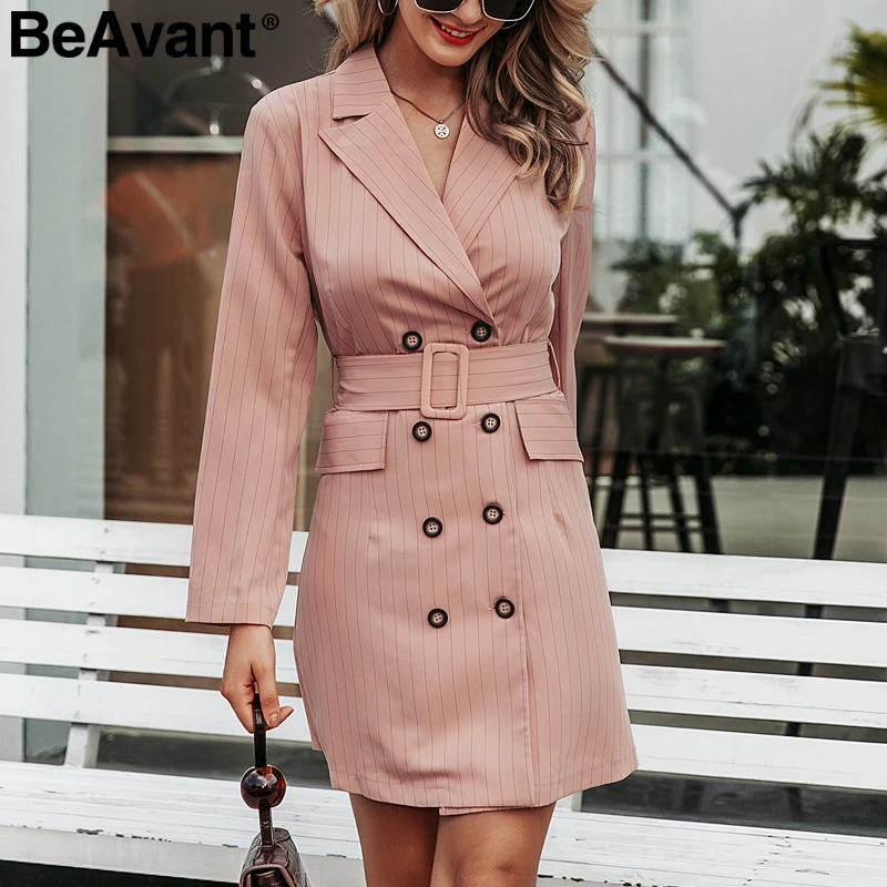 BeAvant Elegant striped office ladies blazer dress Autumn winter double breasted women work dress High waist female pink dresses
BeAvant Elegant striped office ladies blazer dress Autumn winter double breasted women work dress High waist female pink dresses