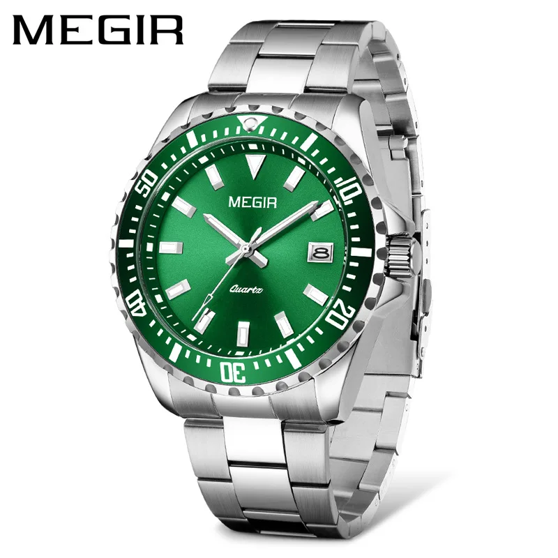 MEGIR Blue Dial Quartz Watch Fashion Men's Stainless Steel Strap Luminous Hands Calendar Waterproof Business 2064 | Наручные часы