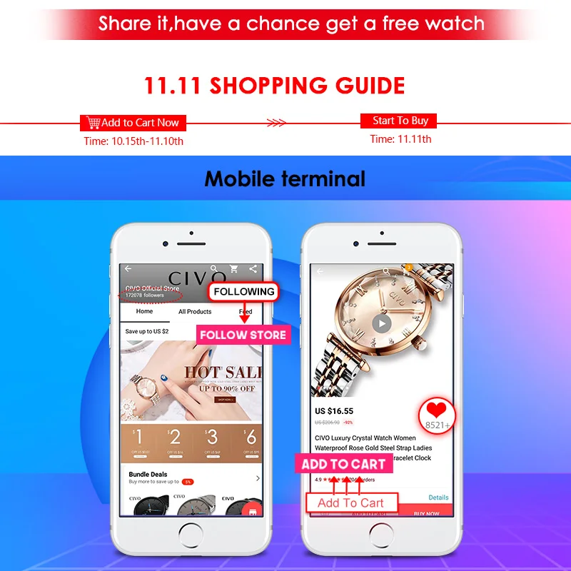 CIVO Women Watches Men Add your favorite watches on the shopping cart and share it ,get more likes have chance get a free gift
CIVO Women Watches Men Add your favorite watches on the shopping cart and share it ,get more likes have chance get a free gift