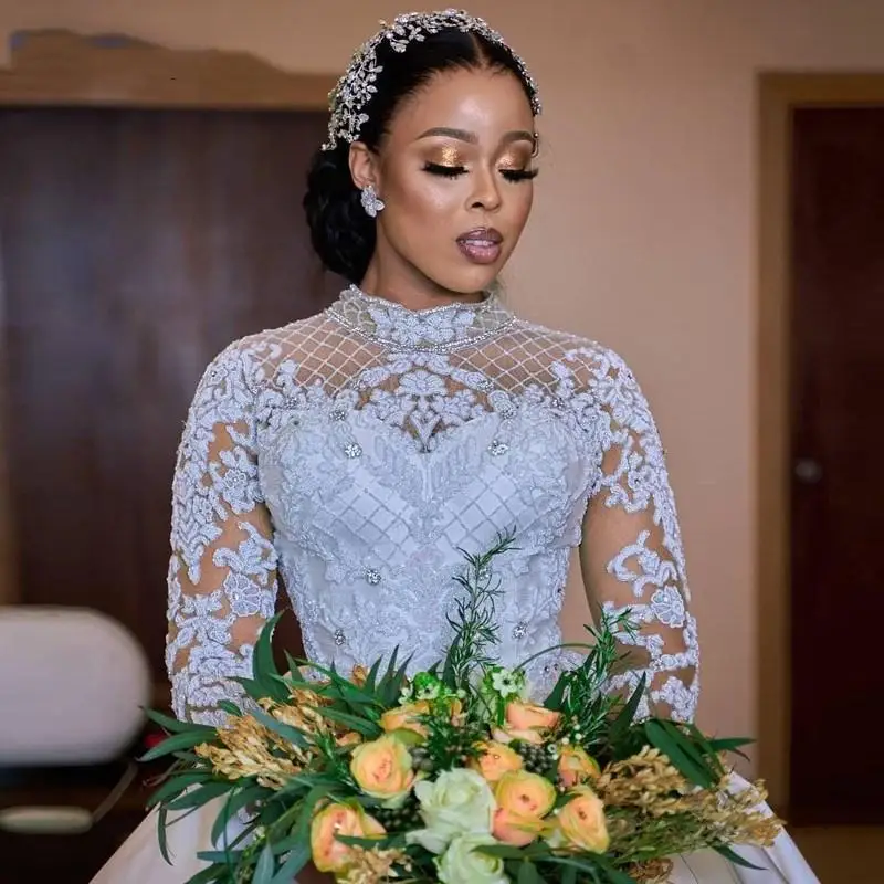 Plus Size Crystal Satin Wedding Dresses Full Sleeves Vestidos 2021 African Country Garden Bridal Gowns Gorgeous Lace Applique Plus Size Crystal Satin Wedding Dresses Full Sleeves Vestidos 2021 African Country Garden Bridal Gowns Gorgeous Lace Applique