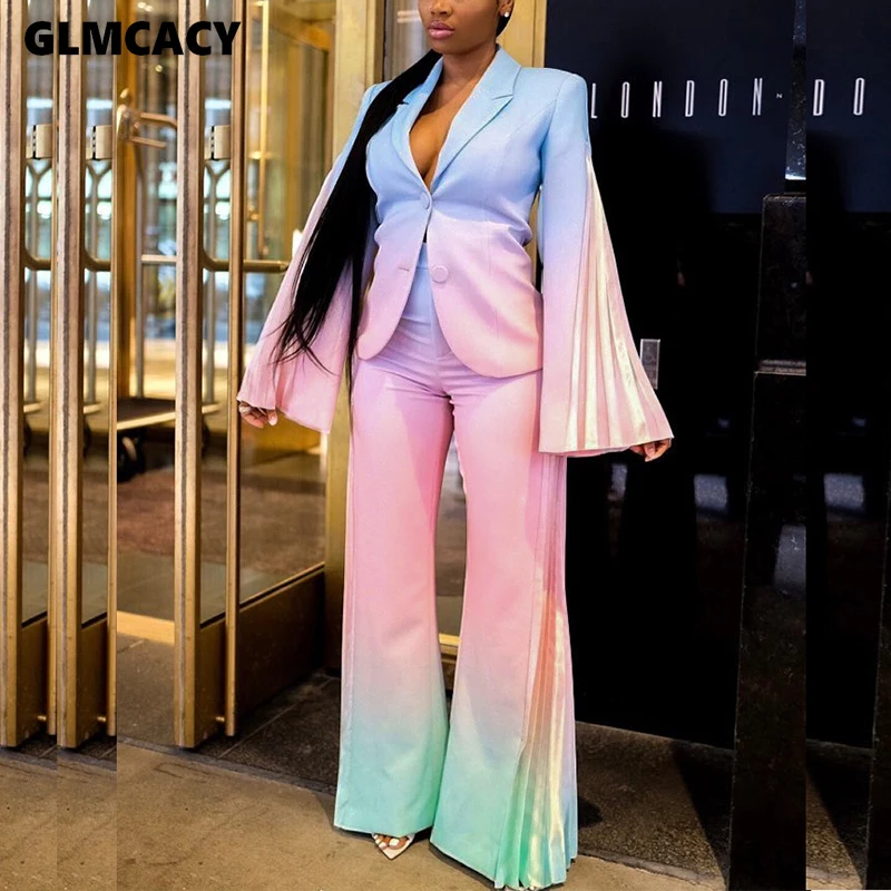 Women Two Piece Matching Sets Gradient Color Notched Lapel Collar Button Down Blazer & High Waist Bodycon Wide Leg Pants
Women Two Piece Matching Sets Gradient Color Notched Lapel Collar Button Down Blazer & High Waist Bodycon Wide Leg Pants