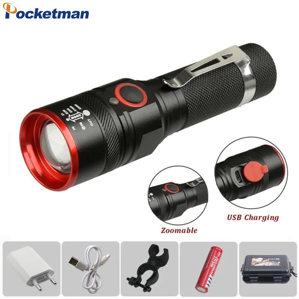 5200LM Most Bright Led Flashlight USB Rechargeable Waterproof Zoomable Tactical WTorch 3 modes for 18650 Battery with USB Cable
5200LM Most Bright Led Flashlight USB Rechargeable Waterproof Zoomable Tactical WTorch 3 modes for 18650 Battery with USB Cable