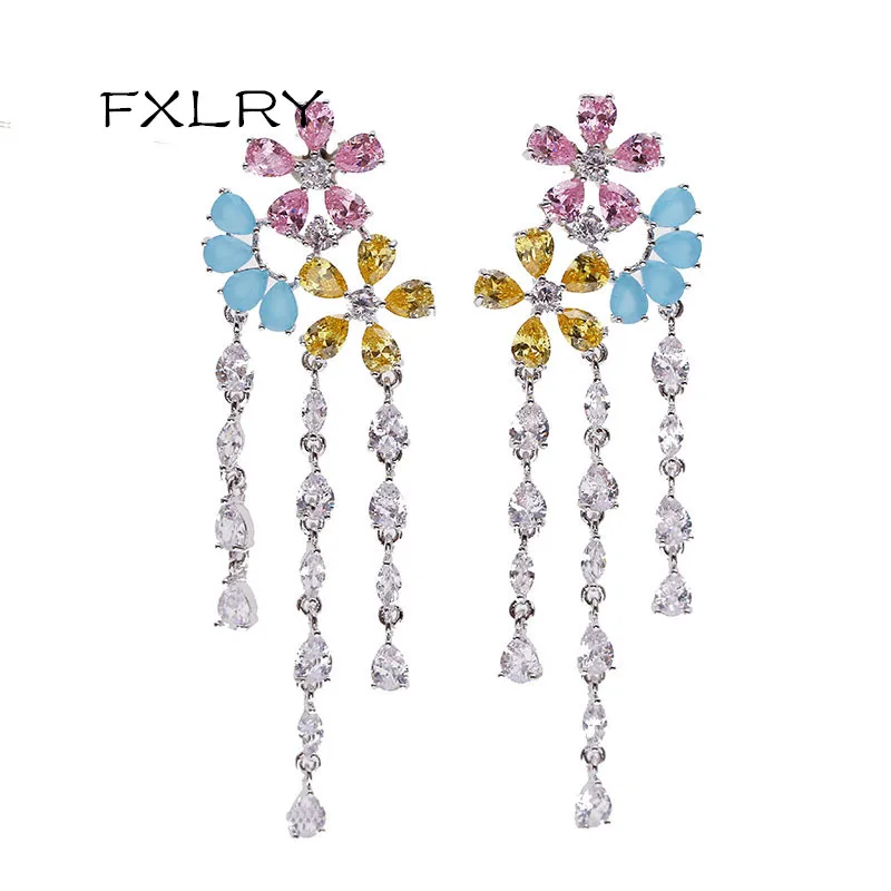 

FXLRY Fashion Creative Color Zircon Cubic Zircon Lovely Sweety Flower Water Drop Tassel Earrings For Women Jewelry