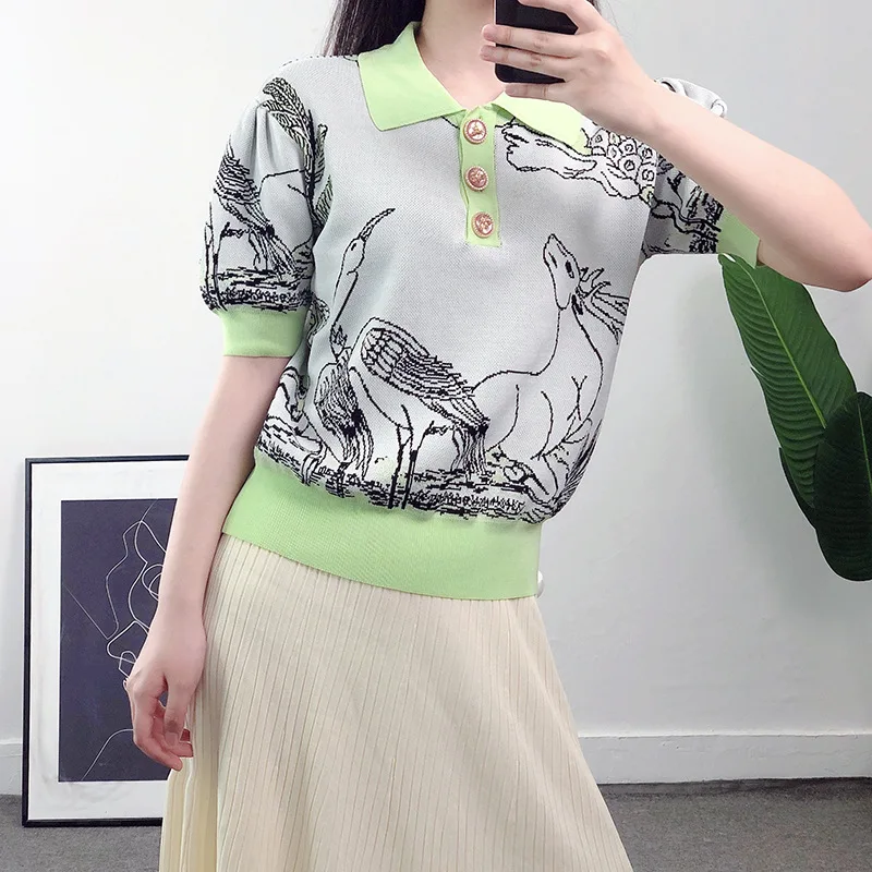 Sketch Goat Crane Jacquard T Shirts Women Fashion Tops 2021 Summer Tee Bee Button Half-open Polo Shirt Thin Sweater Tops
Sketch Goat Crane Jacquard T Shirts Women Fashion Tops 2021 Summer Tee Bee Button Half-open Polo Shirt Thin Sweater Tops